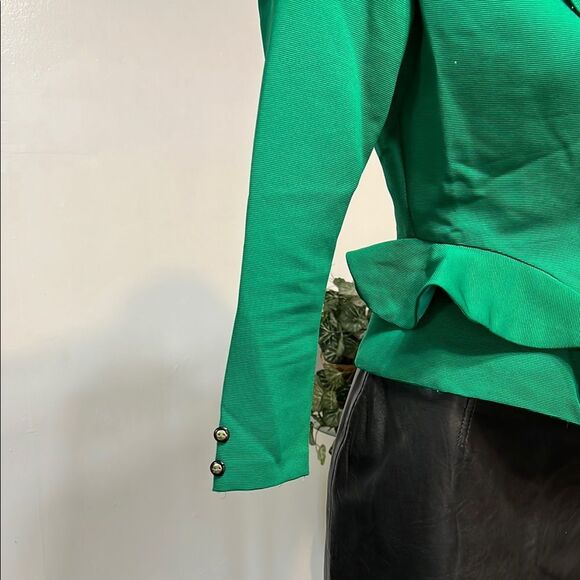 Emerald Green Blazer with Black Collar and Peplum Style - Picture 6 of 11